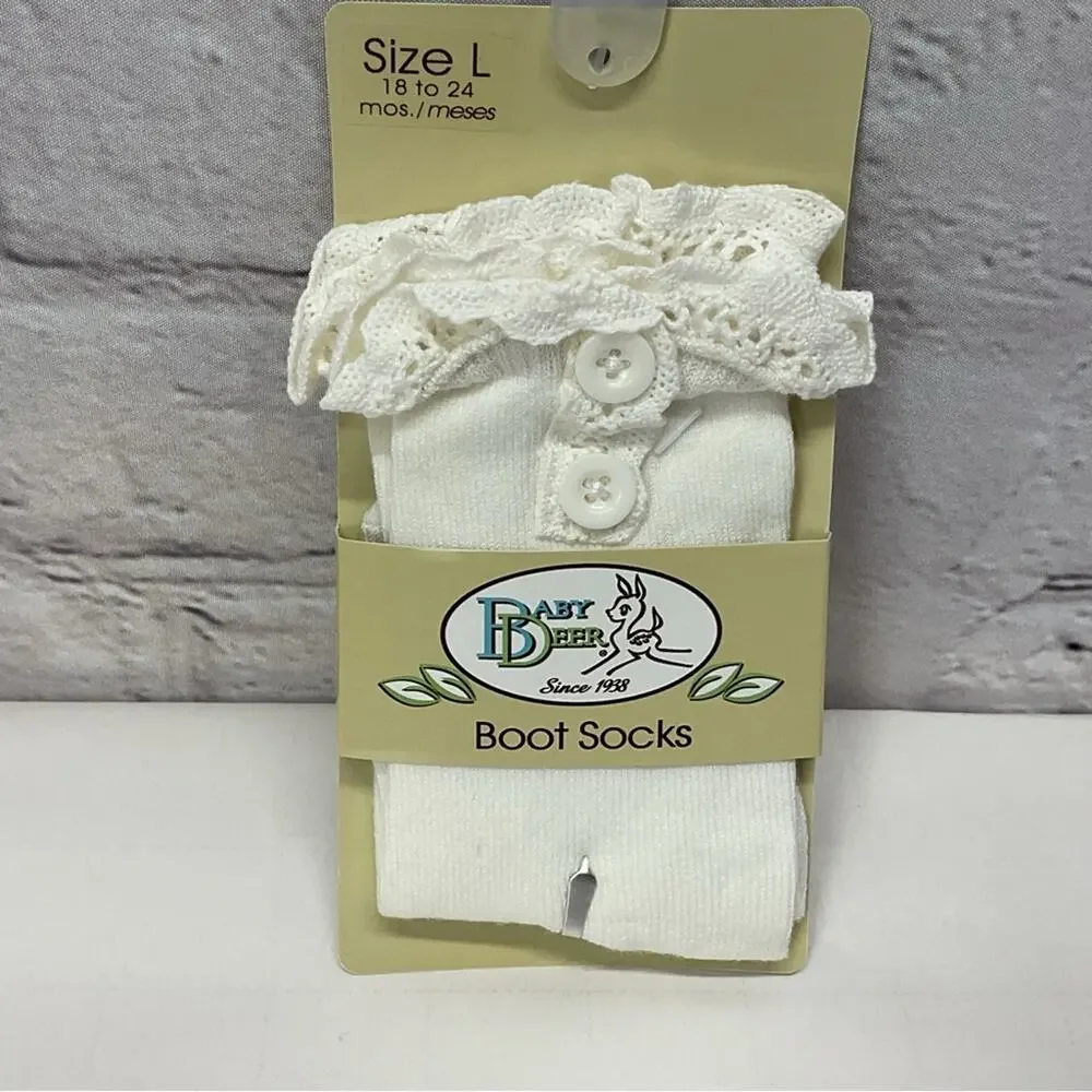 Baby Deer Boot Socks Girl's L (18-24mo) Ivory Pink Black Lace/Button Trim 3 Pair